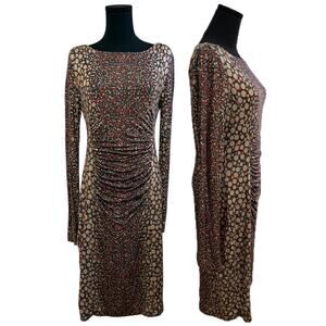 Worth New York Dress Long Sleeve Bodycon Ruched Brown Multicolor Spots Size 6